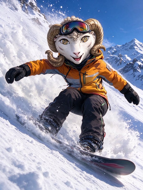 Anthropomorphic ram in ski goggles snowboards down a powdery alpine mountain slope