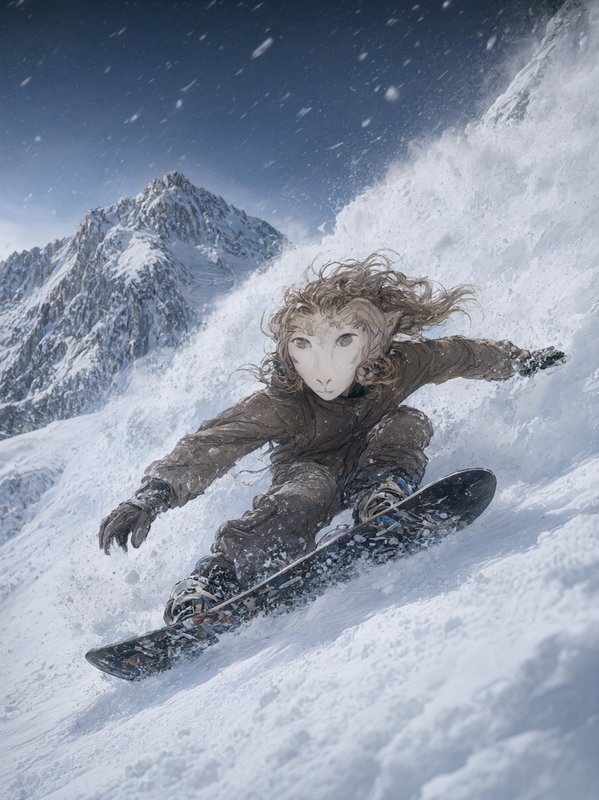 Anthropomorphic fantasy deer hybrid snowboards down a steep snowy alpine slope during active snowfall