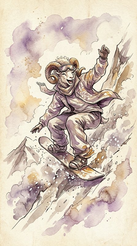 Anthropomorphic horned ram in ski gear snowboards down a steep snowy mountain slope
