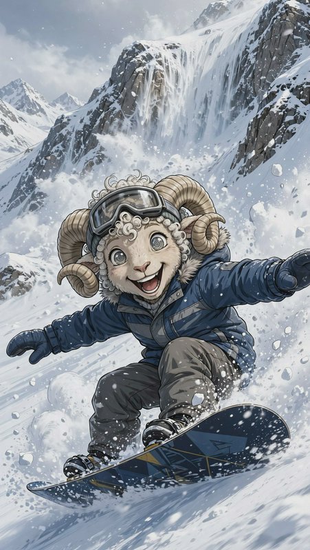 Cheerful curly-horned anthropomorphic ram snowboards down a steep snowy mountain slope