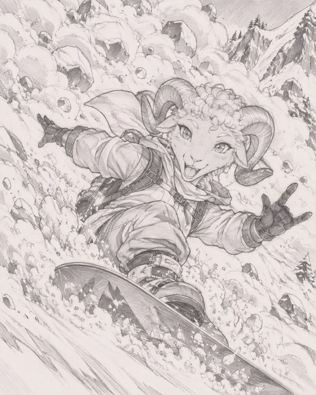 Cheerful anthropomorphic ram character snowboarding down a steep snowy alpine slope making peace signs