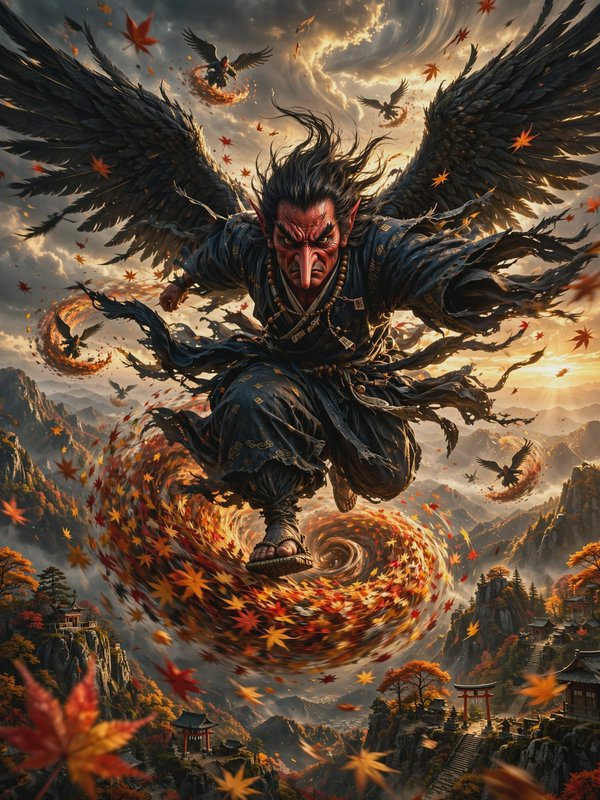 Winged Japanese tengu leaps above swirling autumn maple leaves over a mountain shrine valley