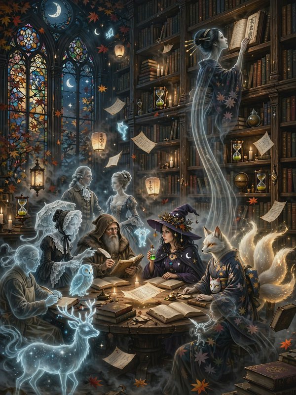 Witches, spirits, familiars and a kitsune gather around a table in a glowing enchanted gothic library