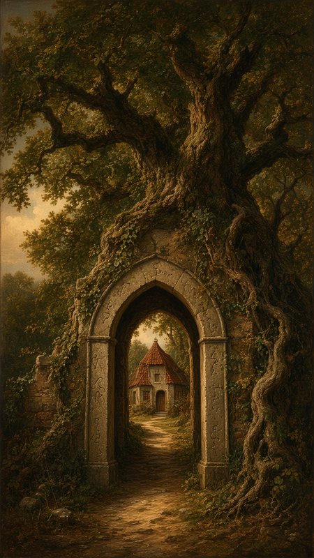 Ancient gnarled oak grows over a rune-carved stone arch framing a cottage down a sun-dappled forest path