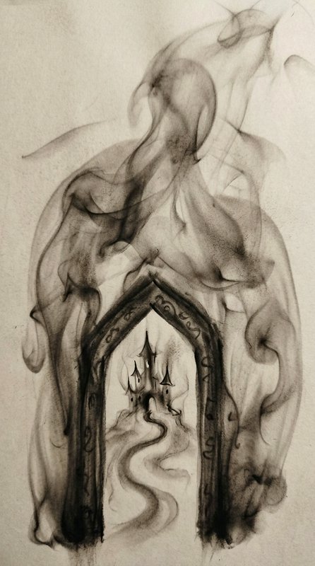 Smoke ink drawing of a rune-carved gothic arch framing a spooky distant fantasy castle