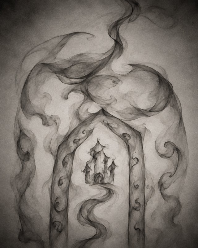 Wispy smoke-style sketch of a gothic arch framing a tiny haunted castle