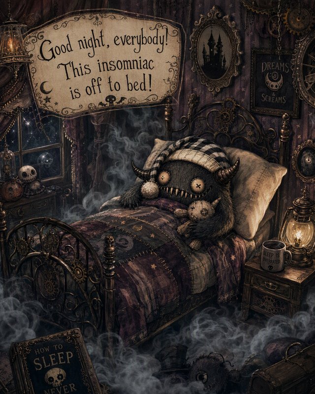 Grinning horned monster in a nightcap settles into bed in a whimsical spooky gothic bedroom