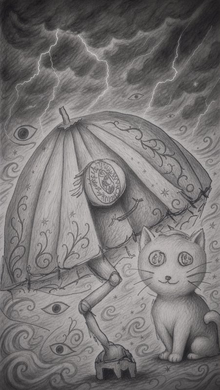 Surreal hand-drawn illustration of a wide-eyed smiling cat beside an umbrella figure under a stormy lightning sky with