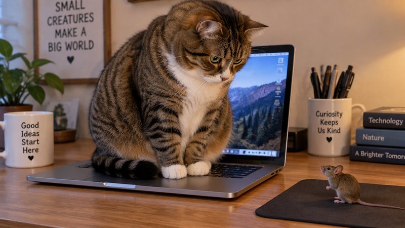Tabby cat perched on an open laptop staring intently at a small mouse on a wooden home office desk