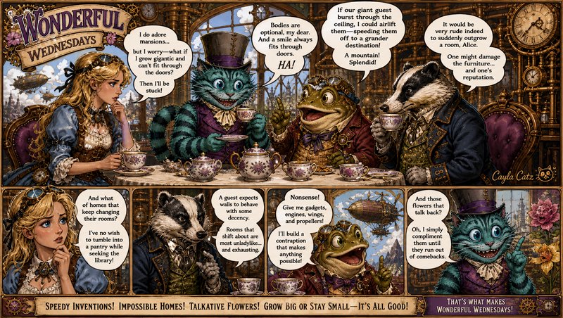Steampunk Alice in Wonderland comic panel showing a whimsical tea party with Alice, Cheshire Cat,...