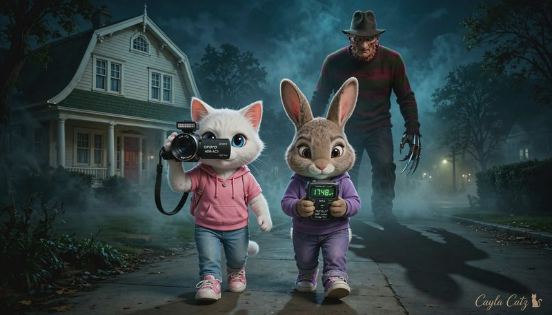 Anthropomorphic cat and rabbit ghost hunters are followed by Freddy Krueger on a foggy suburban s...