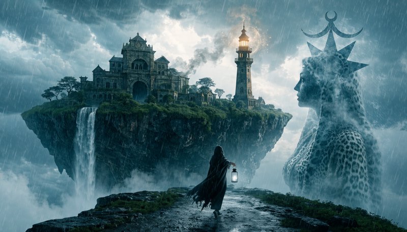 Hooded figure with glowing lantern faces a floating island and ethereal goddess in a stormy fanta...