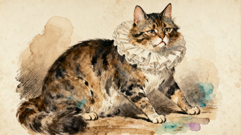 Plump tabby cat wearing a frilly ruffled collar sits for a vintage watercolor portrait on aged paper