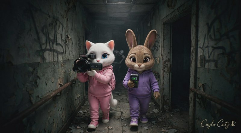 Cute cartoon cat and rabbit ghost hunters explore a spooky decaying abandoned hallway