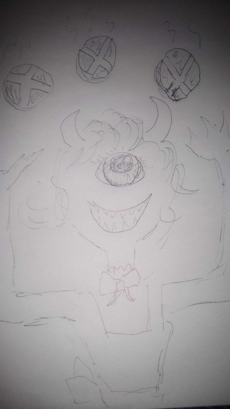Loose pencil sketch of a grinning horned cyclops monster with floating cross-marked orbs above it...