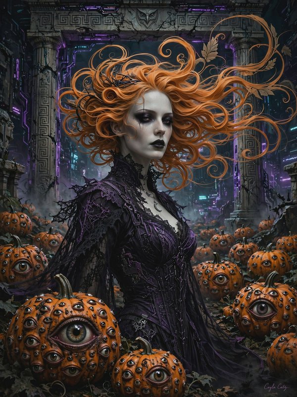 Gothic Halloween witch with swirling orange hair stands among surreal eyeball pumpkins in a neon ...