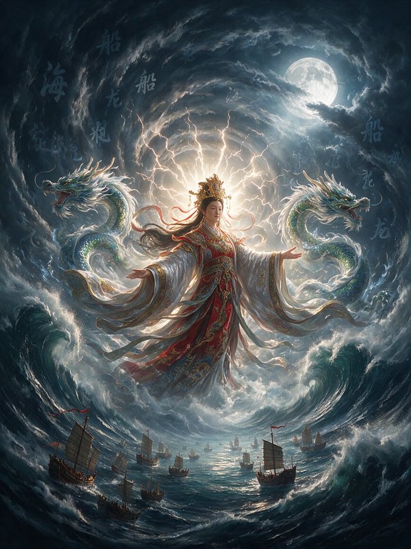 Sea goddess Mazu flanked by two celestial dragons guards a fleet of ships amid a storm under a fu...