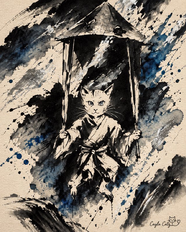 Anthropomorphic cat in a kimono holds a paper parasol, painted in expressive sumi ink wash style