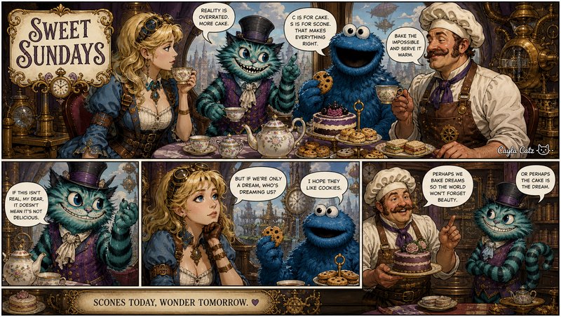 Steampunk fantasy multi-panel comic of Cheshire Cat, Cookie Monster and friends enjoying a whimsical Sunday tea party