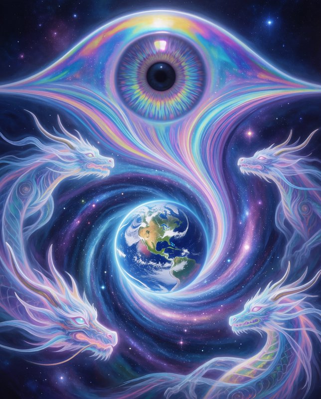 Glowing cosmic all-seeing eye hovers above Earth, surrounded by four ethereal spirit dragons in swirling starry space