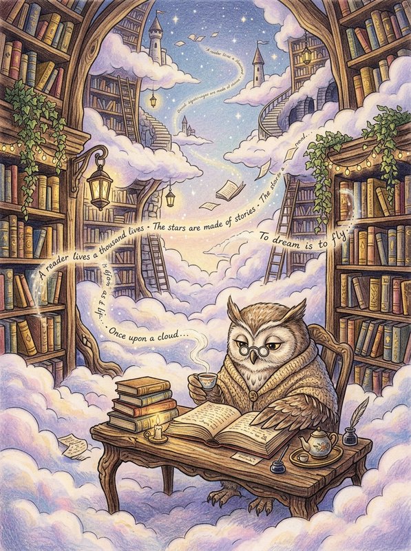 Bespectacled owl in a cozy sweater reads while drinking tea in a floating cloud library