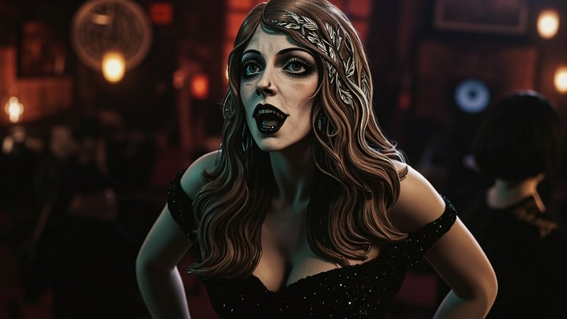 Glamorous stylized vampire woman performing in a dim 1920s speakeasy