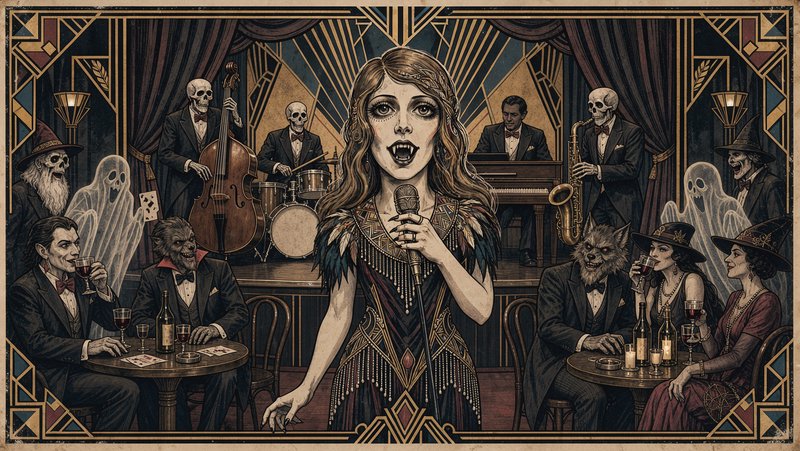 Vampire flapper singer performs at a spooky 1920s art deco speakeasy with supernatural guests and...