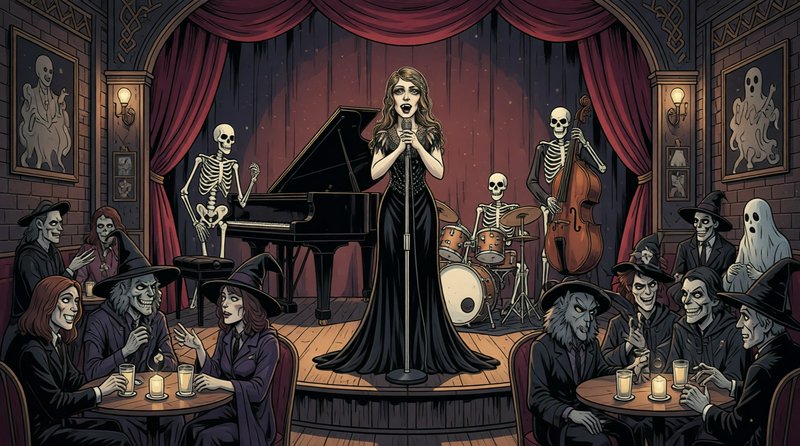 Female singer performs with skeleton jazz band for spooky supernatural guests in a gothic cabaret