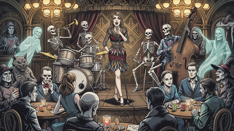 Female jazz singer performs onstage with a skeleton band for a crowd of supernatural speakeasy gu...