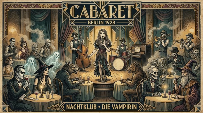Vintage illustration of 1928 Berlin supernatural cabaret with jazz band and monster audience