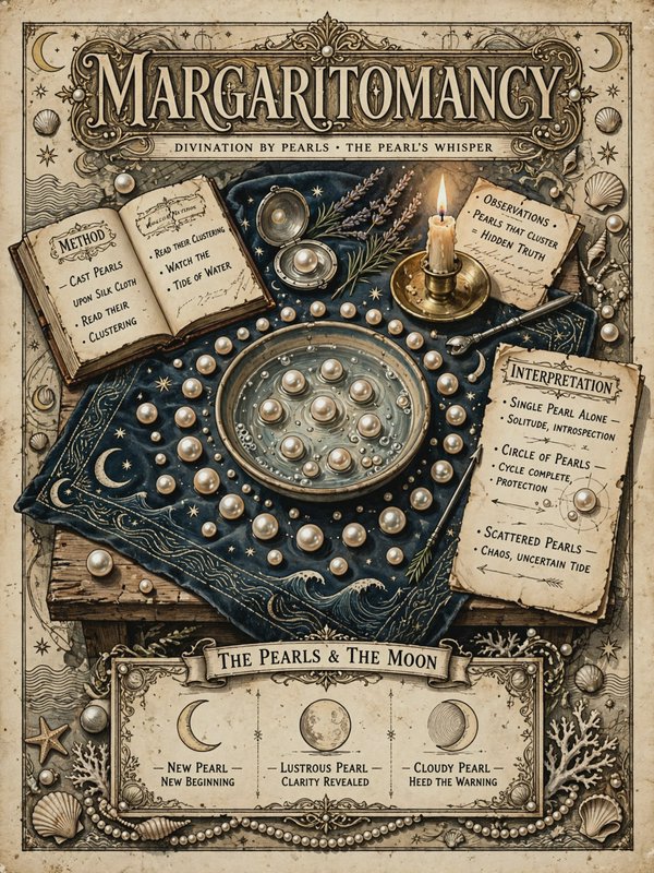 Vintage Margaritomancy pearl divination grimoire page showing an illustrated fortune telling alta...