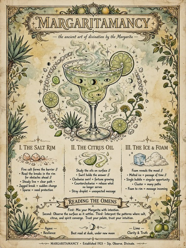 Whimsical vintage infographic titled Margaritamancy explaining margarita divination rules
