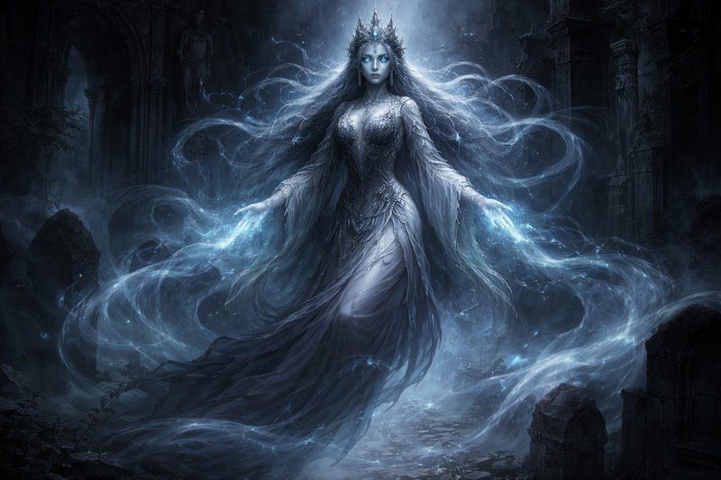 Ethereal ice queen floats above misty gothic ruins summoning glowing blue spirit magic