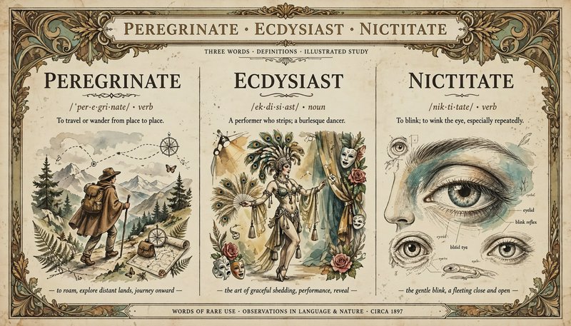 Ornate vintage illustrated vocabulary poster defining three rare unusual words with themed waterc...