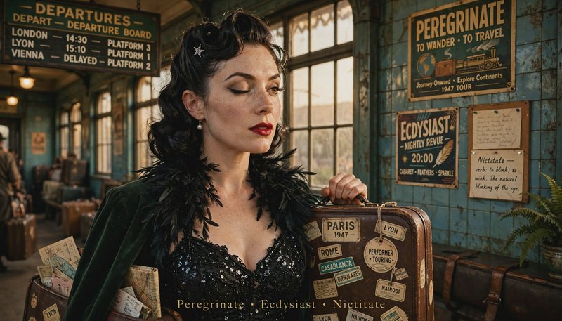 Glamorous 1940s traveler holding sticker-covered vintage suitcases inside a retro train station