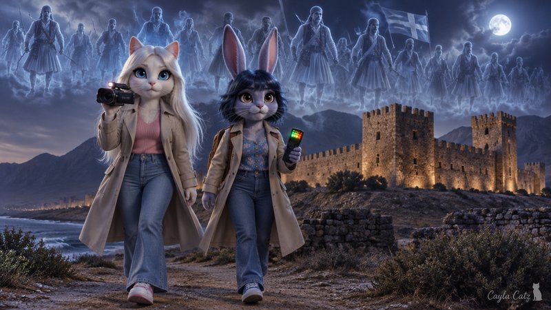 Anthropomorphic cat and rabbit paranormal investigators walk beneath ghostly warrior spirits near...