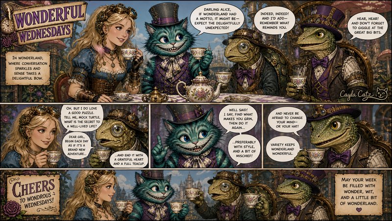 Steampunk Alice in Wonderland Wonderful Wednesdays comic depicting a whimsical tea party with bel...
