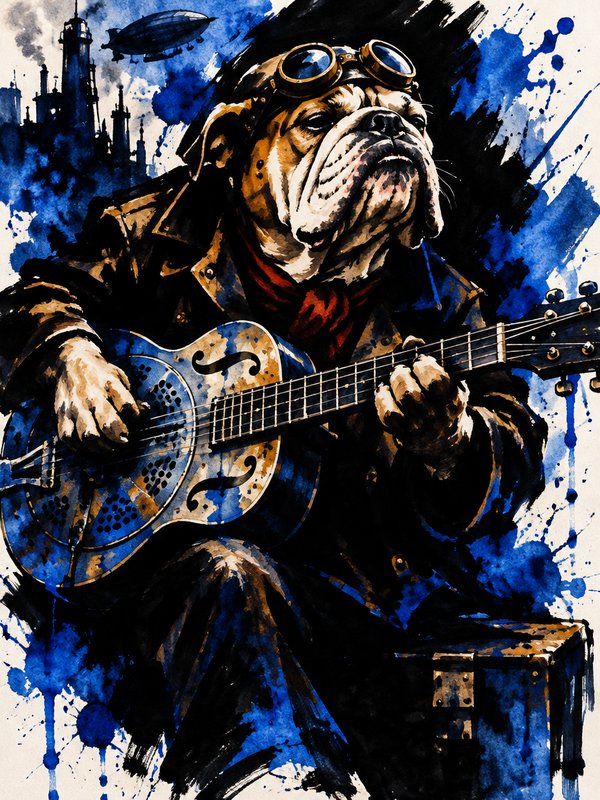 Steampunk anthropomorphic bulldog wearing aviator goggles plays a resonator guitar