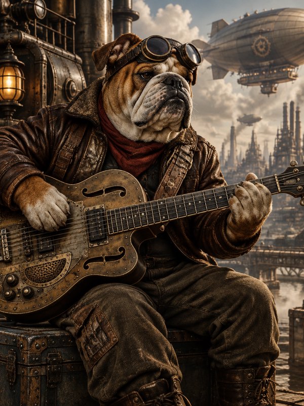 Steampunk English bulldog with aviator goggles plays a custom brass guitar overlooking an industr...
