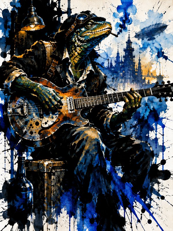 Anthropomorphic steampunk lizard plays a resonator guitar overlooking a fantasy spired city with ...