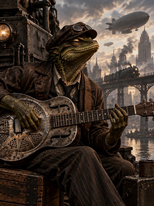Anthropomorphic steampunk lizard plays a resonator guitar overlooking an industrial retro-futuris...