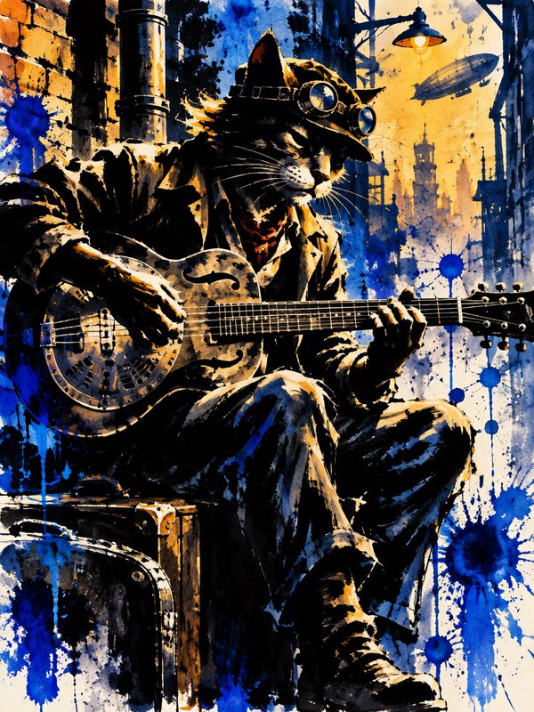 Anthropomorphic steampunk cat wearing goggles plays a resonator guitar overlooking a retro-futuri...
