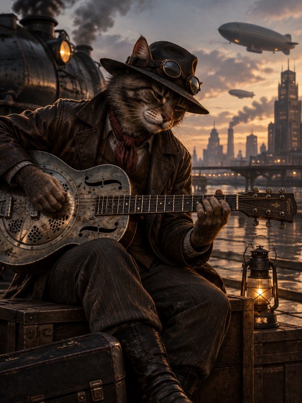 Anthropomorphic steampunk tabby cat plays a resonator guitar on a waterfront dock at sunset