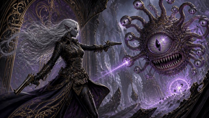 Dark elf gunslinger duels a floating eye-stalk beholder monster in a glowing purple underground f...