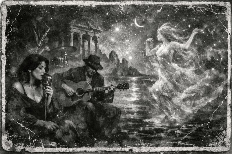 Crackled vintage artwork of a jazz band performing for a glowing ethereal dancer under a starry c...