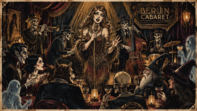 Gothic flapper singer performs on stage at a spooky Berlin cabaret with skeleton jazz band and su...