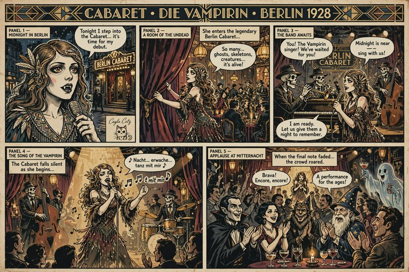 Vintage 5-panel comic following a vampire flapper's debut at a 1928 Berlin supernatural cabaret