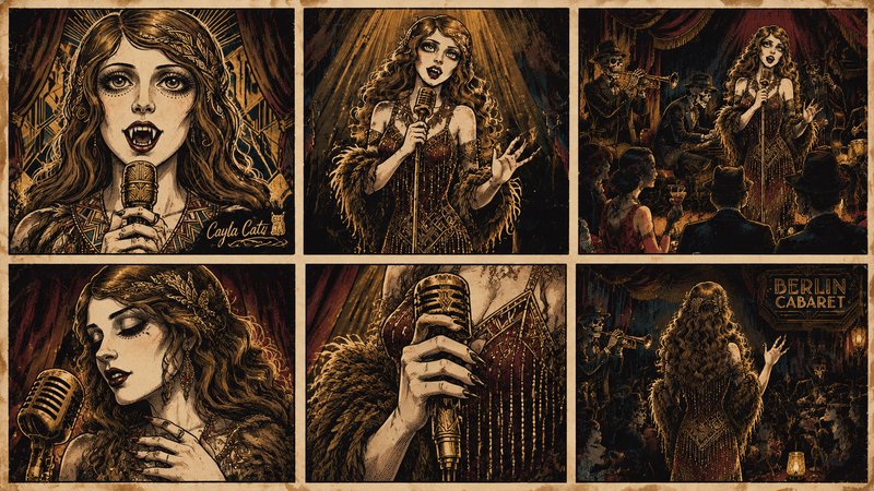 Six panel vintage comic of a 1920s vampire singer performing at a Berlin cabaret with a skeleton ...