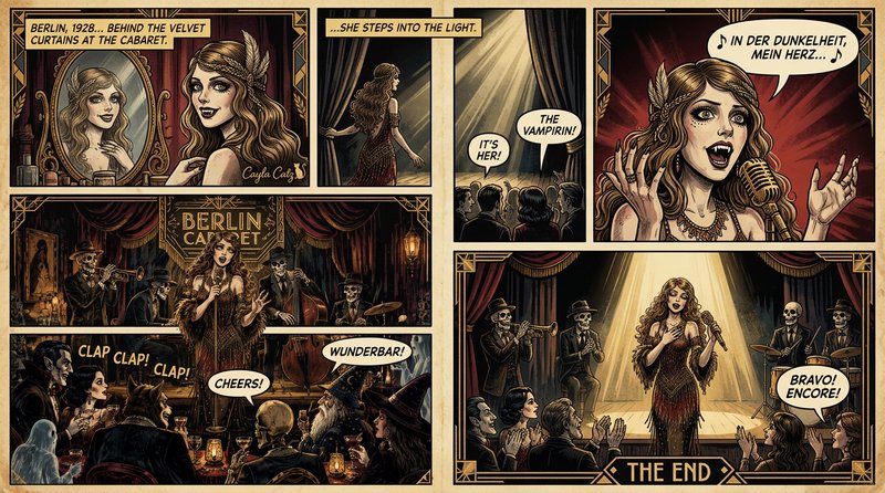Art deco horror comic page showing a female vampire singer performing at a 1928 Berlin cabaret