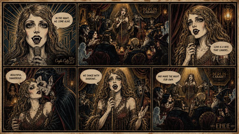 Six-panel vintage comic of a vampire flapper singer performing at a supernatural 1920s Berlin cab...